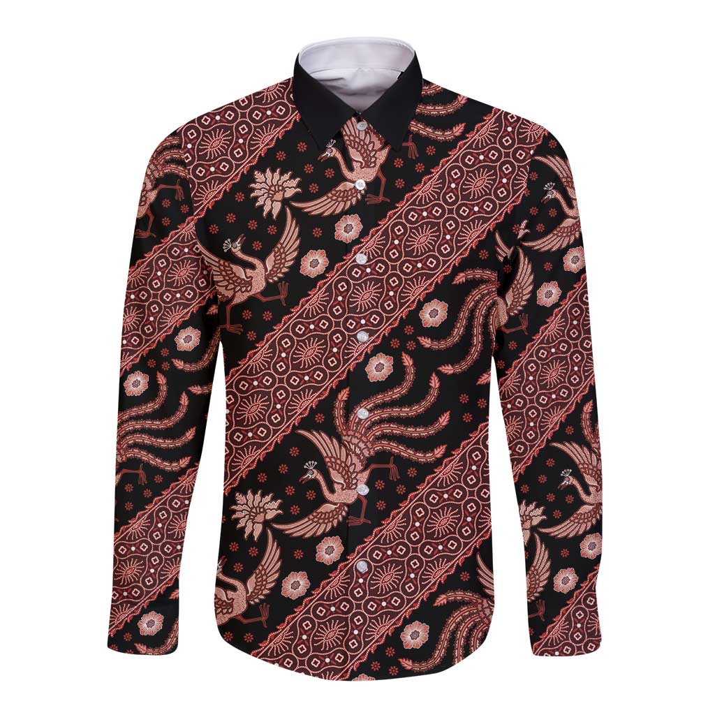 Indonesia Batik Pattern Long Sleeve Button Shirt Red Version