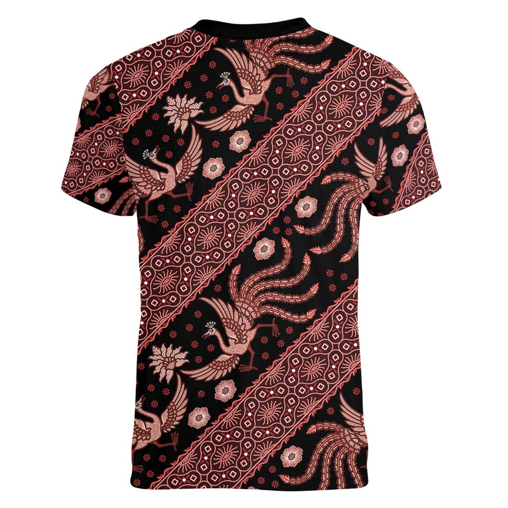 Indonesia Batik Pattern Women V-Neck T-Shirt Red Version
