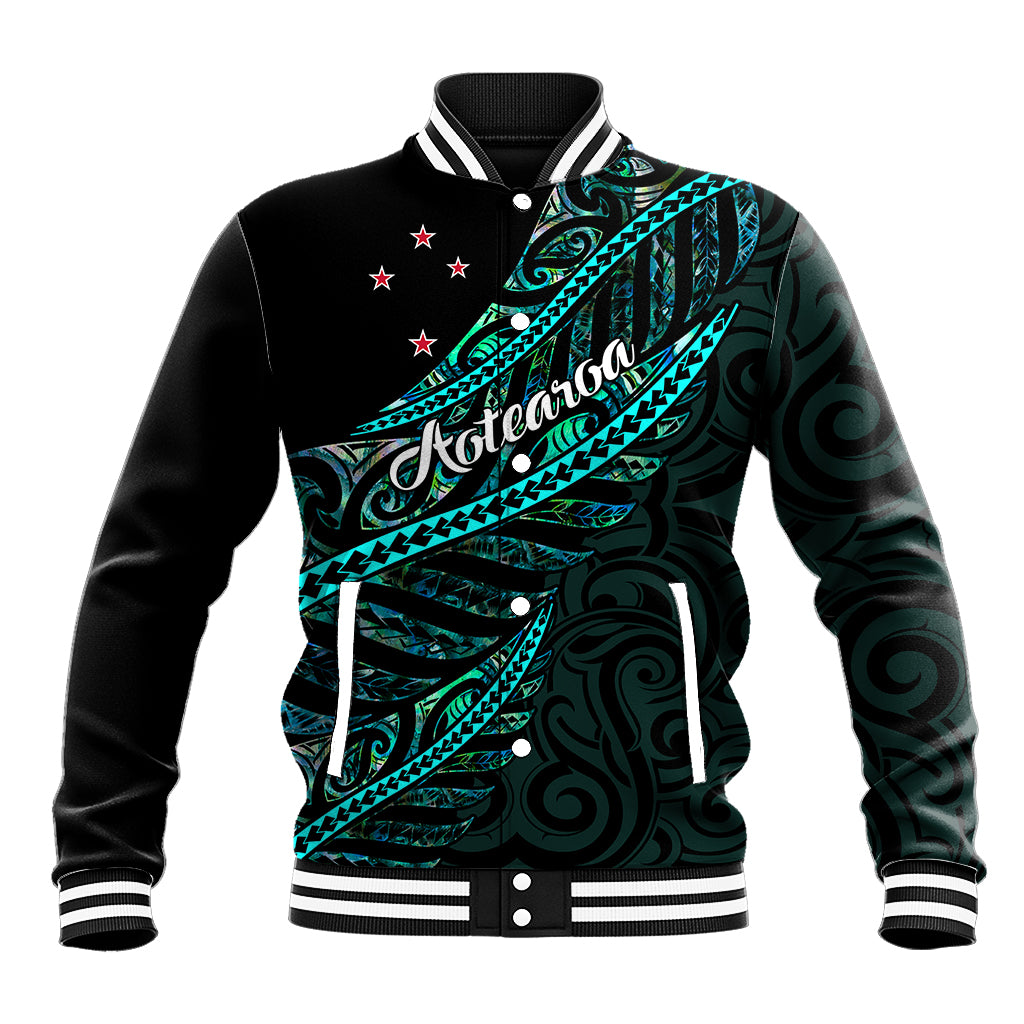 Personalised Aotearoa Baseball Jacket Silver Fern Mix Paua Shell Polynesian Pattern LT01 Unisex Black - Polynesian Pride