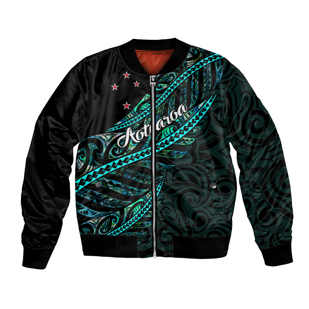Personalised Aotearoa Bomber Jacket Silver Fern Mix Paua Shell Polynesian Pattern LT01 Unisex Black - Polynesian Pride