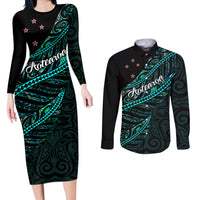 Personalised Aotearoa Couples Matching Long Sleeve Bodycon Dress and Long Sleeve Button Shirts Silver Fern Mix Paua Shell Polynesian Pattern LT01 Black - Polynesian Pride
