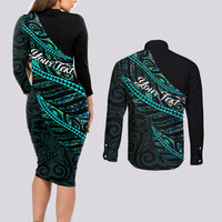 Personalised Aotearoa Couples Matching Long Sleeve Bodycon Dress and Long Sleeve Button Shirts Silver Fern Mix Paua Shell Polynesian Pattern LT01 - Polynesian Pride