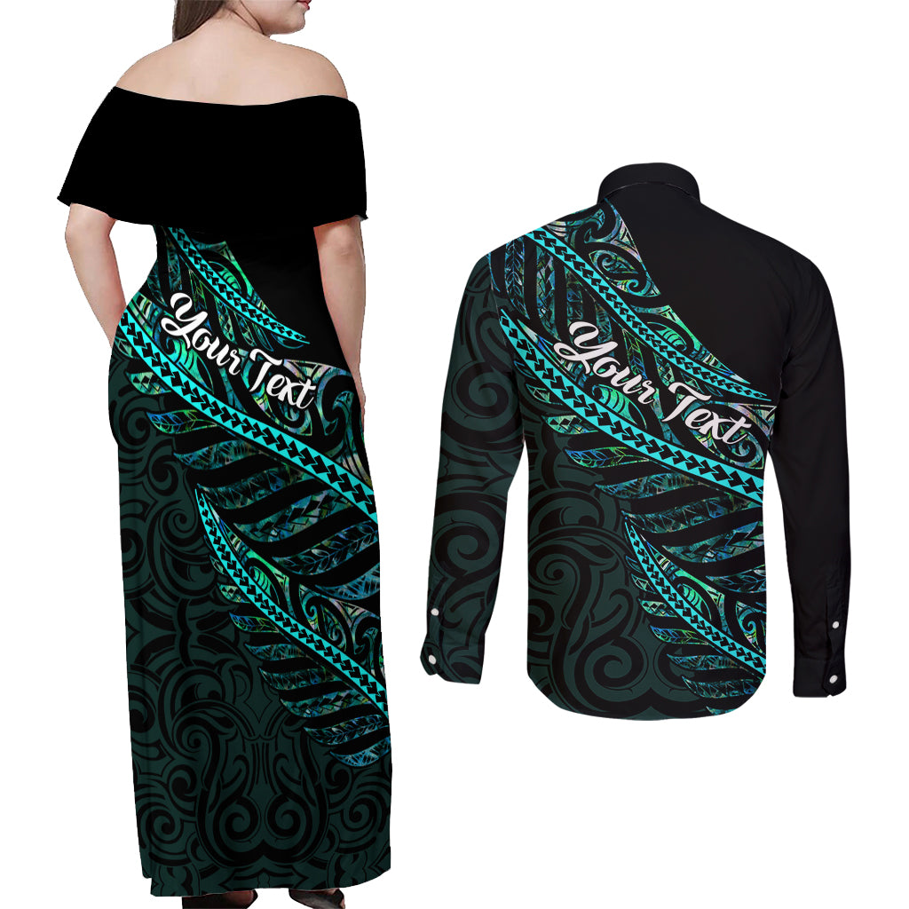 Personalised Aotearoa Couples Matching Off Shoulder Maxi Dress and Long Sleeve Button Shirts Silver Fern Mix Paua Shell Polynesian Pattern LT01 - Polynesian Pride