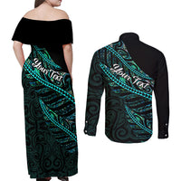 Personalised Aotearoa Couples Matching Off Shoulder Maxi Dress and Long Sleeve Button Shirts Silver Fern Mix Paua Shell Polynesian Pattern LT01 - Polynesian Pride