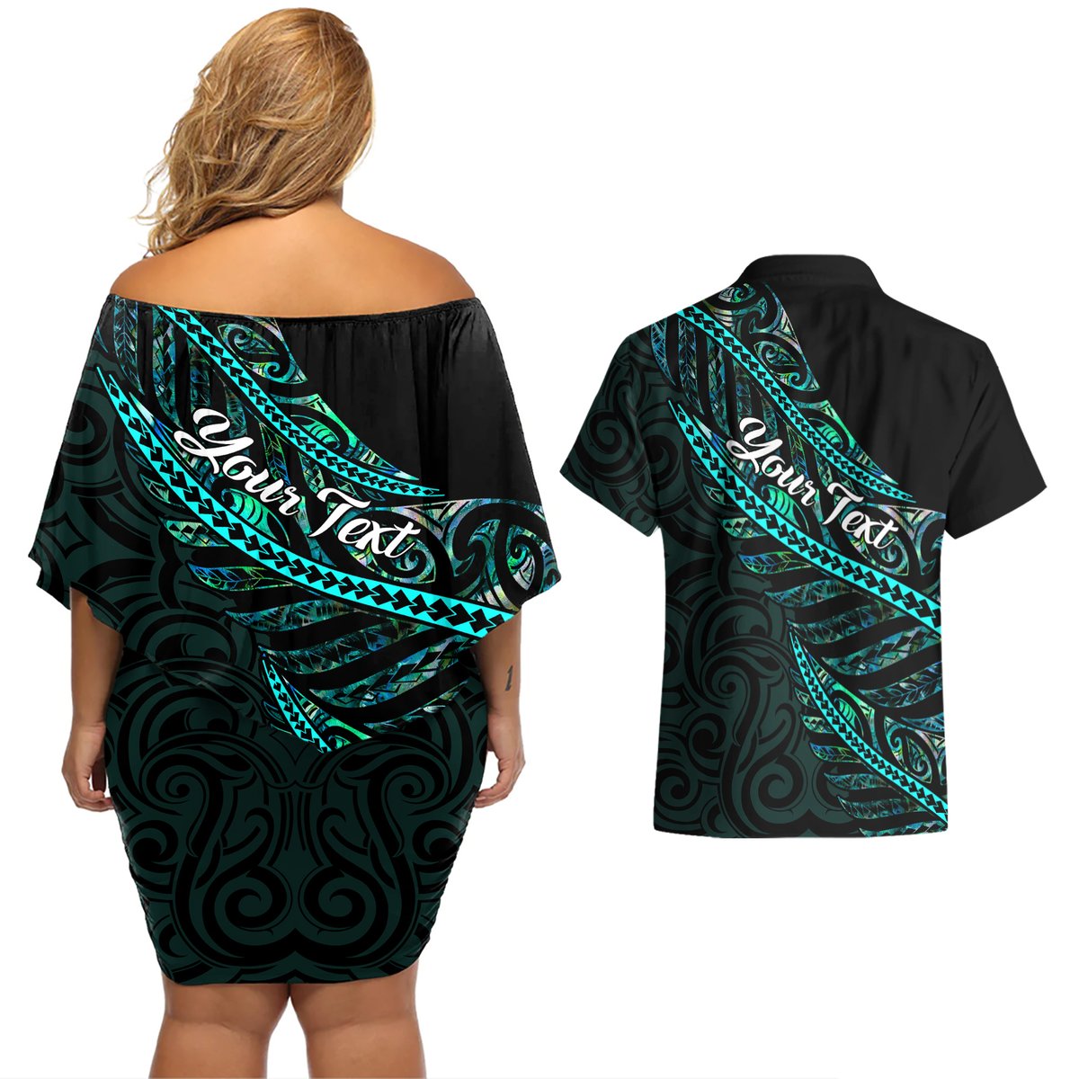 Personalised Aotearoa Couples Matching Off Shoulder Short Dress and Hawaiian Shirt Silver Fern Mix Paua Shell Polynesian Pattern LT01 - Polynesian Pride