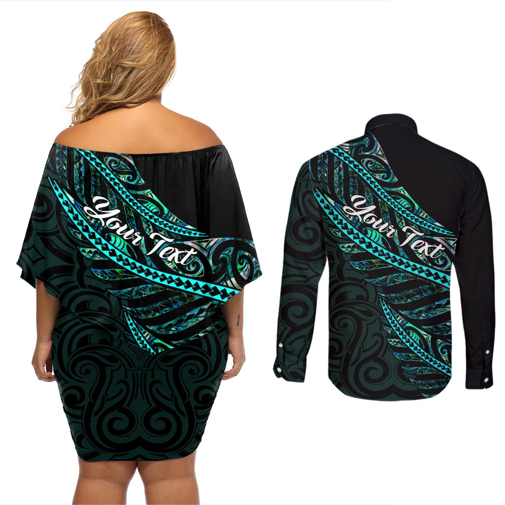 Personalised Aotearoa Couples Matching Off Shoulder Short Dress and Long Sleeve Button Shirts Silver Fern Mix Paua Shell Polynesian Pattern LT01 - Polynesian Pride