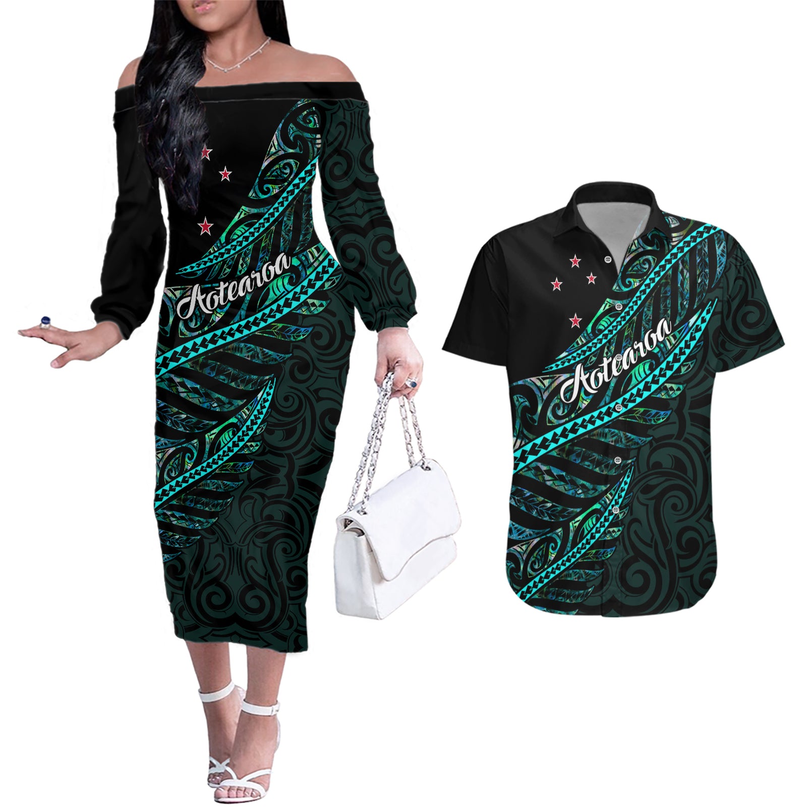 Personalised Aotearoa Couples Matching Off The Shoulder Long Sleeve Dress and Hawaiian Shirt Silver Fern Mix Paua Shell Polynesian Pattern LT01 Black - Polynesian Pride