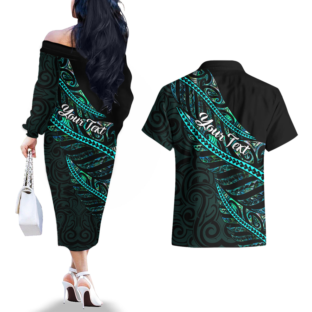 Personalised Aotearoa Couples Matching Off The Shoulder Long Sleeve Dress and Hawaiian Shirt Silver Fern Mix Paua Shell Polynesian Pattern LT01 - Polynesian Pride