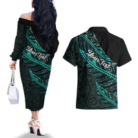 Personalised Aotearoa Couples Matching Off The Shoulder Long Sleeve Dress and Hawaiian Shirt Silver Fern Mix Paua Shell Polynesian Pattern LT01 - Polynesian Pride