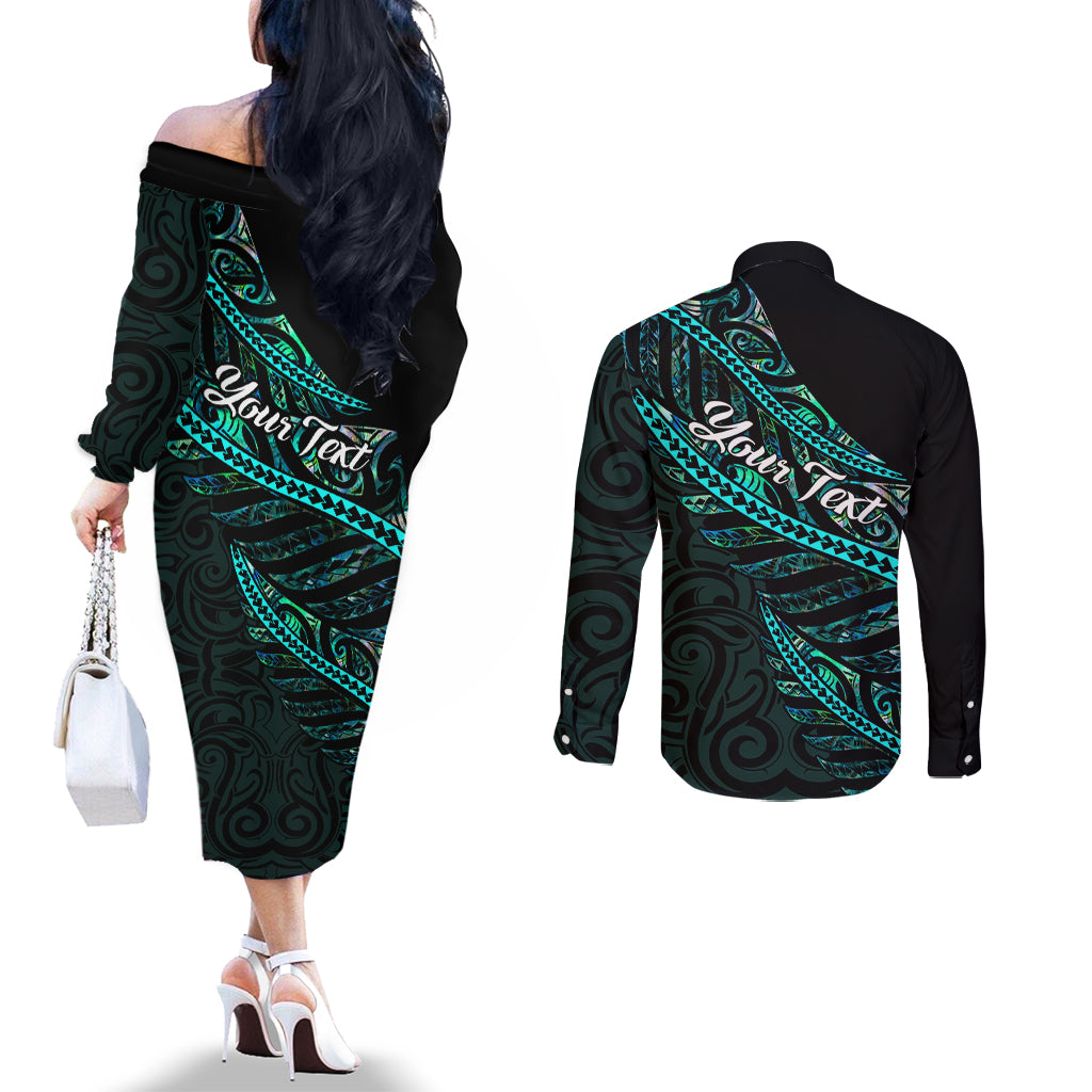 Personalised Aotearoa Couples Matching Off The Shoulder Long Sleeve Dress and Long Sleeve Button Shirts Silver Fern Mix Paua Shell Polynesian Pattern LT01 - Polynesian Pride