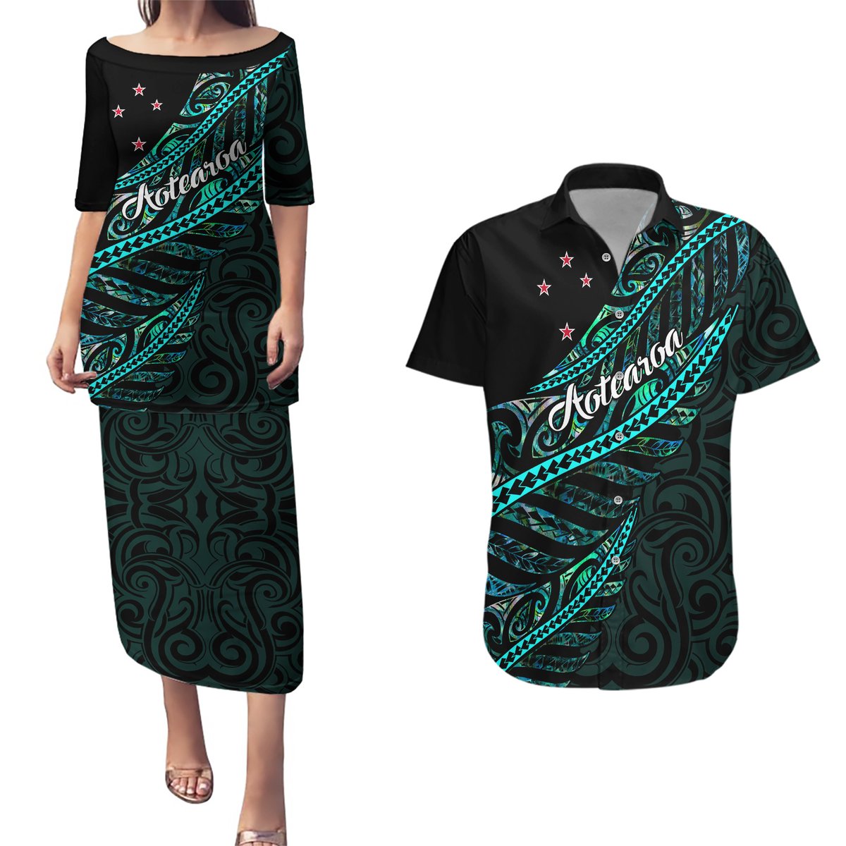 Personalised Aotearoa Couples Matching Puletasi Dress and Hawaiian Shirt Silver Fern Mix Paua Shell Polynesian Pattern LT01 Black - Polynesian Pride