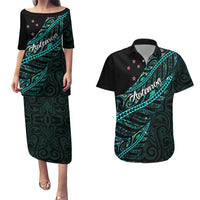 Personalised Aotearoa Couples Matching Puletasi Dress and Hawaiian Shirt Silver Fern Mix Paua Shell Polynesian Pattern LT01 Black - Polynesian Pride