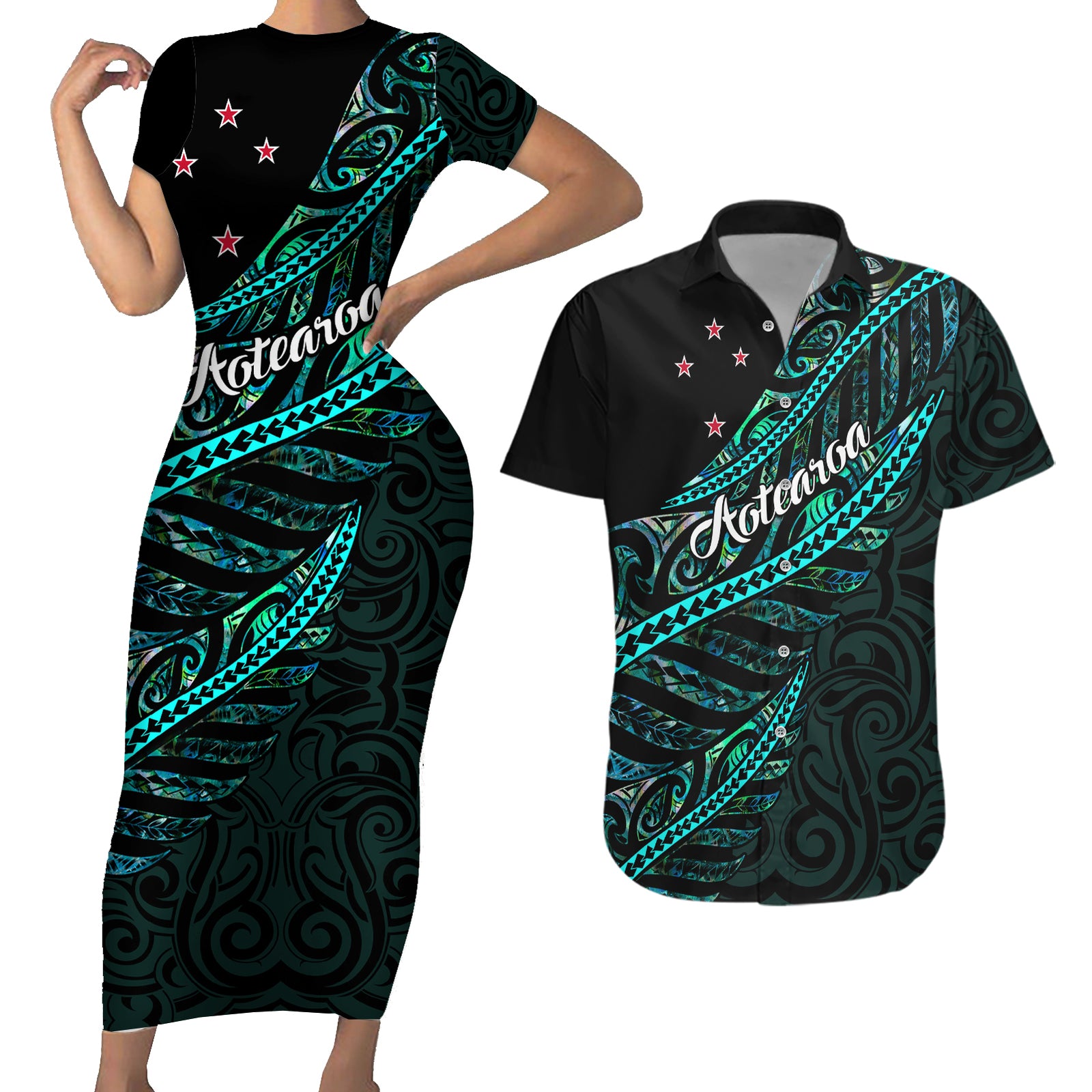 Personalised Aotearoa Couples Matching Short Sleeve Bodycon Dress and Hawaiian Shirt Silver Fern Mix Paua Shell Polynesian Pattern LT01 Black - Polynesian Pride