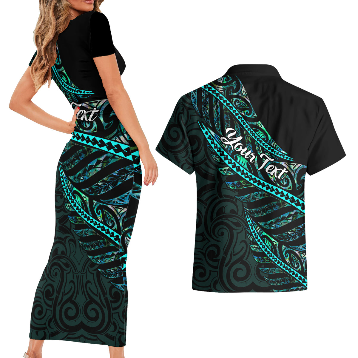 Personalised Aotearoa Couples Matching Short Sleeve Bodycon Dress and Hawaiian Shirt Silver Fern Mix Paua Shell Polynesian Pattern LT01 - Polynesian Pride
