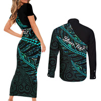 Personalised Aotearoa Couples Matching Short Sleeve Bodycon Dress and Long Sleeve Button Shirts Silver Fern Mix Paua Shell Polynesian Pattern LT01 - Polynesian Pride