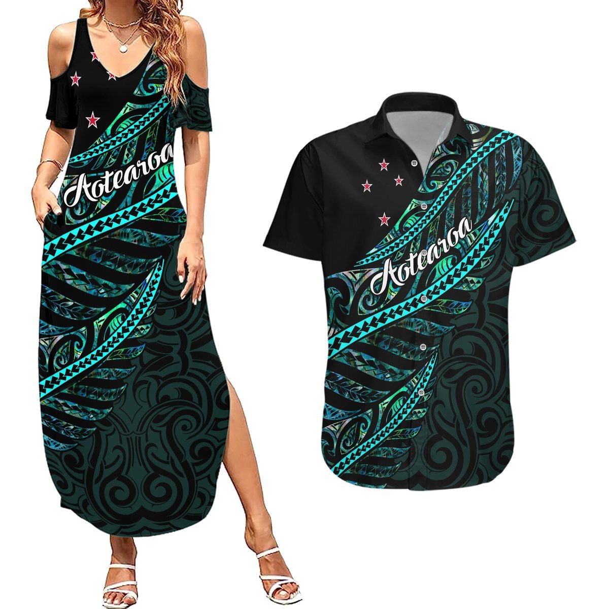 Personalised Aotearoa Couples Matching Summer Maxi Dress and Hawaiian Shirt Silver Fern Mix Paua Shell Polynesian Pattern LT01 Black - Polynesian Pride