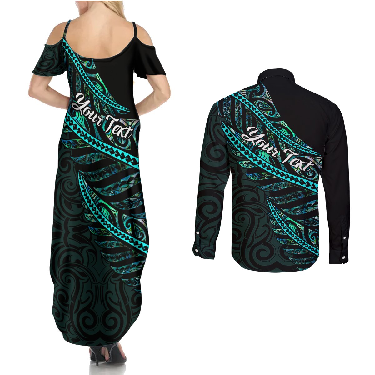 Personalised Aotearoa Couples Matching Summer Maxi Dress and Long Sleeve Button Shirts Silver Fern Mix Paua Shell Polynesian Pattern LT01 - Polynesian Pride