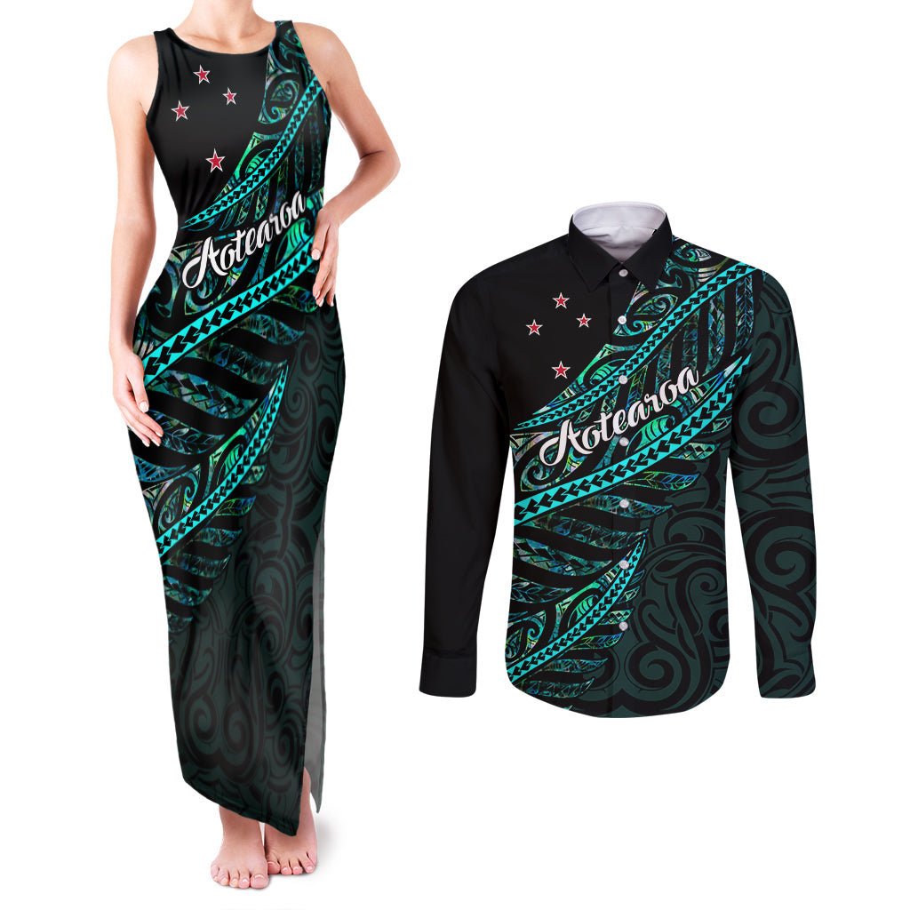 Personalised Aotearoa Couples Matching Tank Maxi Dress and Long Sleeve Button Shirts Silver Fern Mix Paua Shell Polynesian Pattern LT01 Black - Polynesian Pride