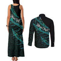 Personalised Aotearoa Couples Matching Tank Maxi Dress and Long Sleeve Button Shirts Silver Fern Mix Paua Shell Polynesian Pattern LT01 - Polynesian Pride