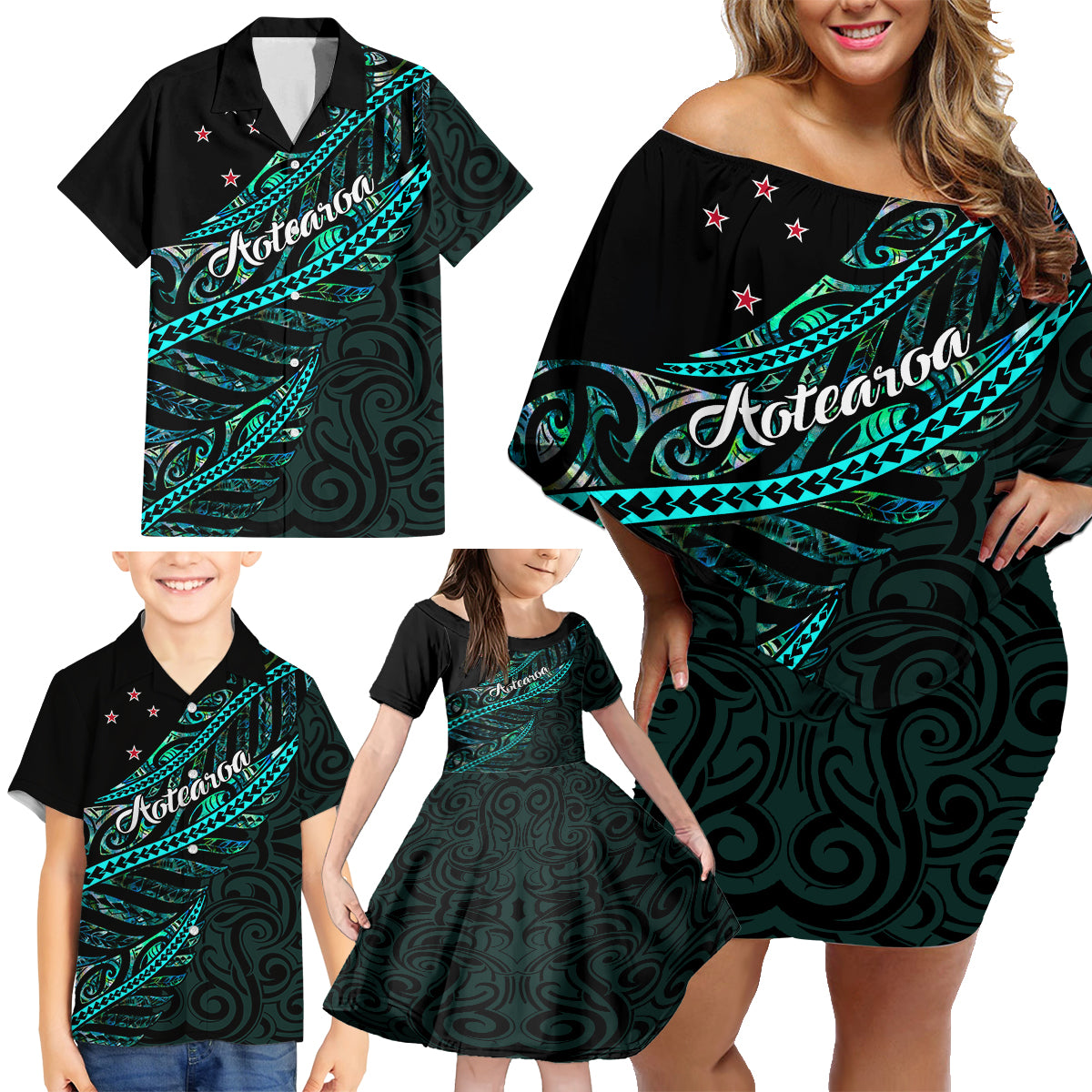 personalised-aotearoa-family-matching-off-shoulder-short-dress-and-hawaiian-shirt-silver-fern-mix-paua-shell-polynesian-pattern