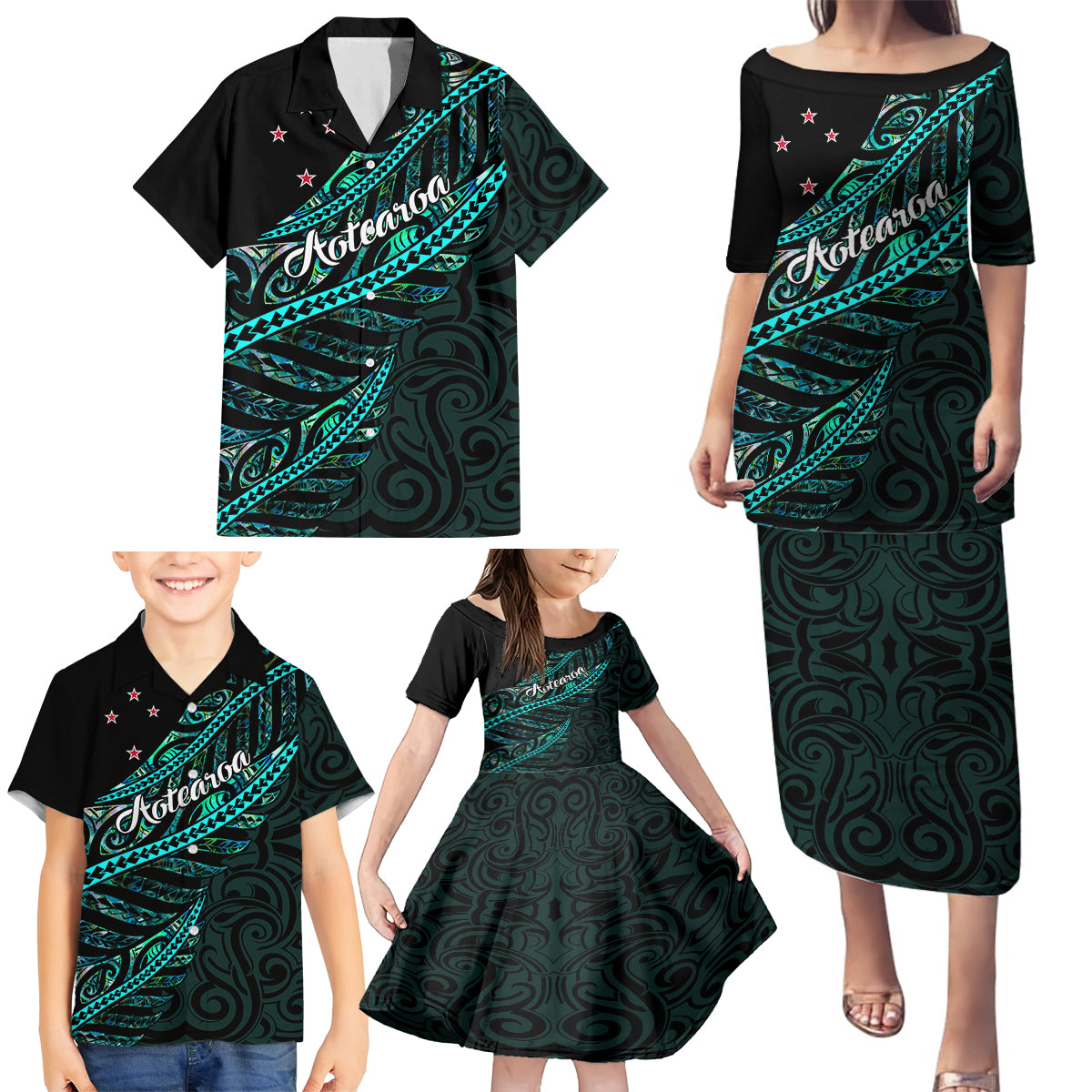 Personalised Aotearoa Family Matching Puletasi Dress and Hawaiian Shirt Silver Fern Mix Paua Shell Polynesian Pattern LT01 - Polynesian Pride