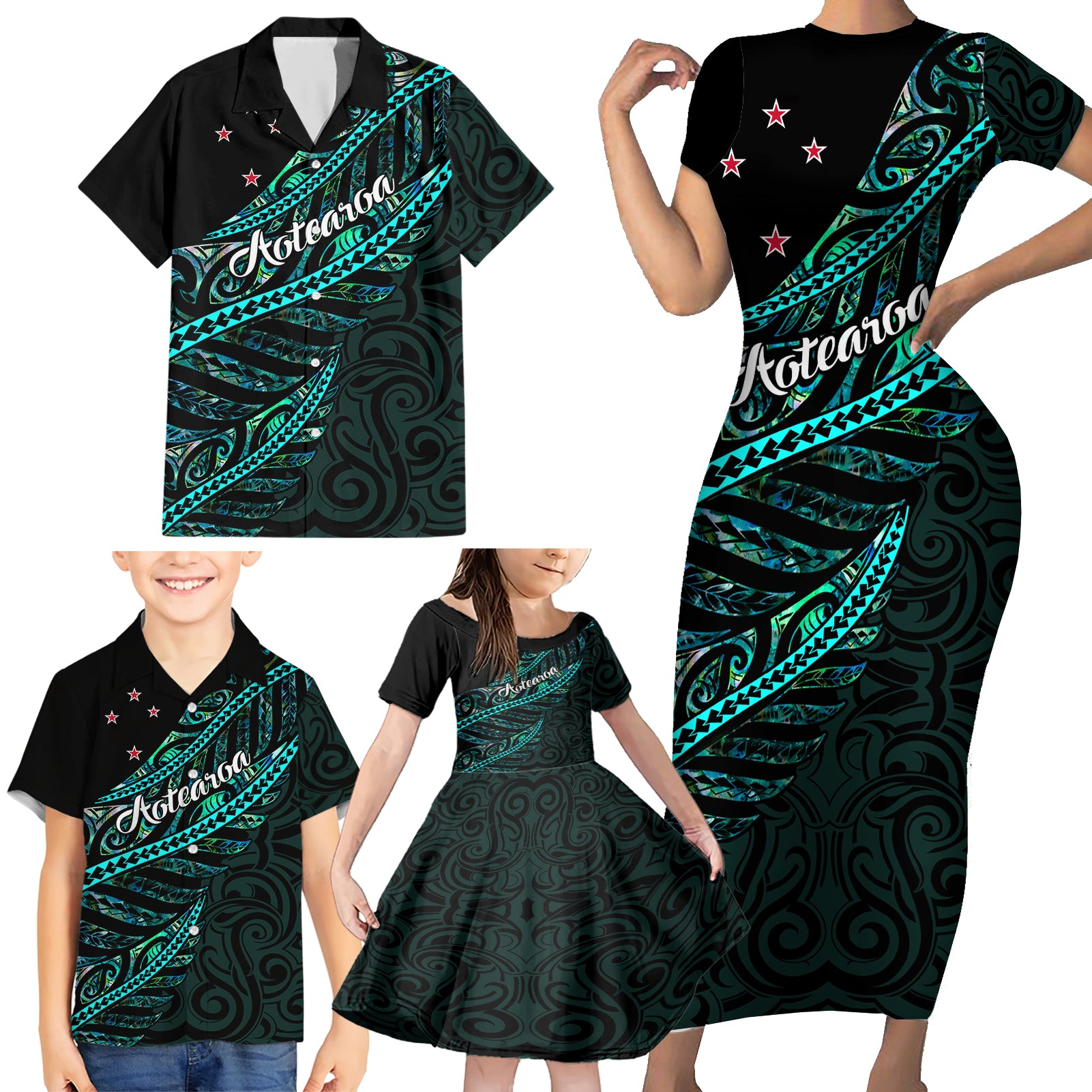 personalised-aotearoa-family-matching-short-sleeve-bodycon-dress-and-hawaiian-shirt-silver-fern-mix-paua-shell-polynesian-pattern