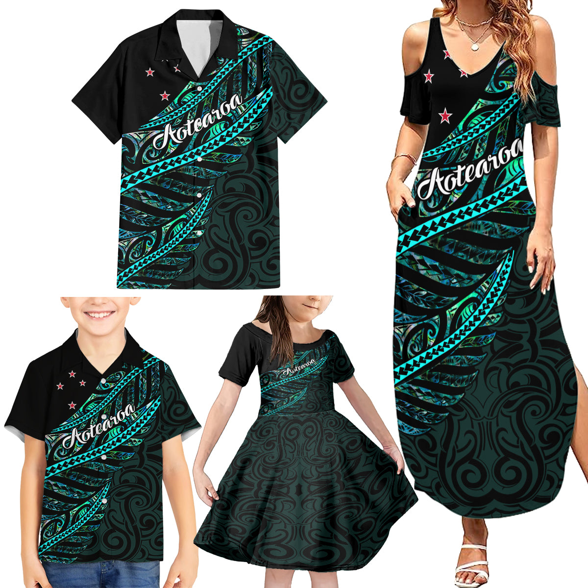 personalised-aotearoa-family-matching-summer-maxi-dress-and-hawaiian-shirt-silver-fern-mix-paua-shell-polynesian-pattern