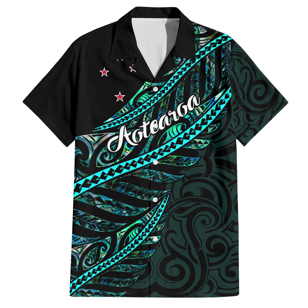 Personalised Aotearoa Hawaiian Shirt Silver Fern Mix Paua Shell Polynesian Pattern LT01 Black - Polynesian Pride