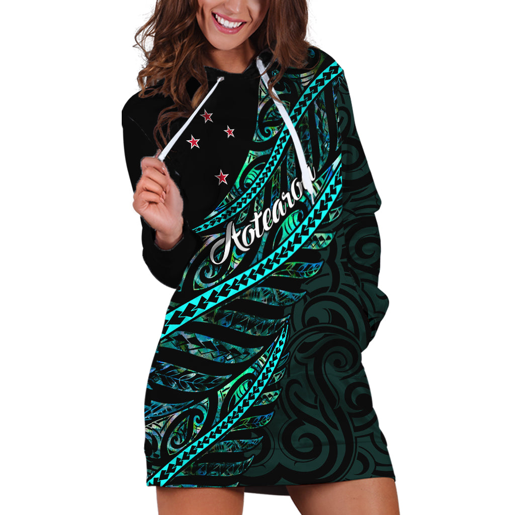 Personalised Aotearoa Hoodie Dress Silver Fern Mix Paua Shell Polynesian Pattern LT01 Black - Polynesian Pride