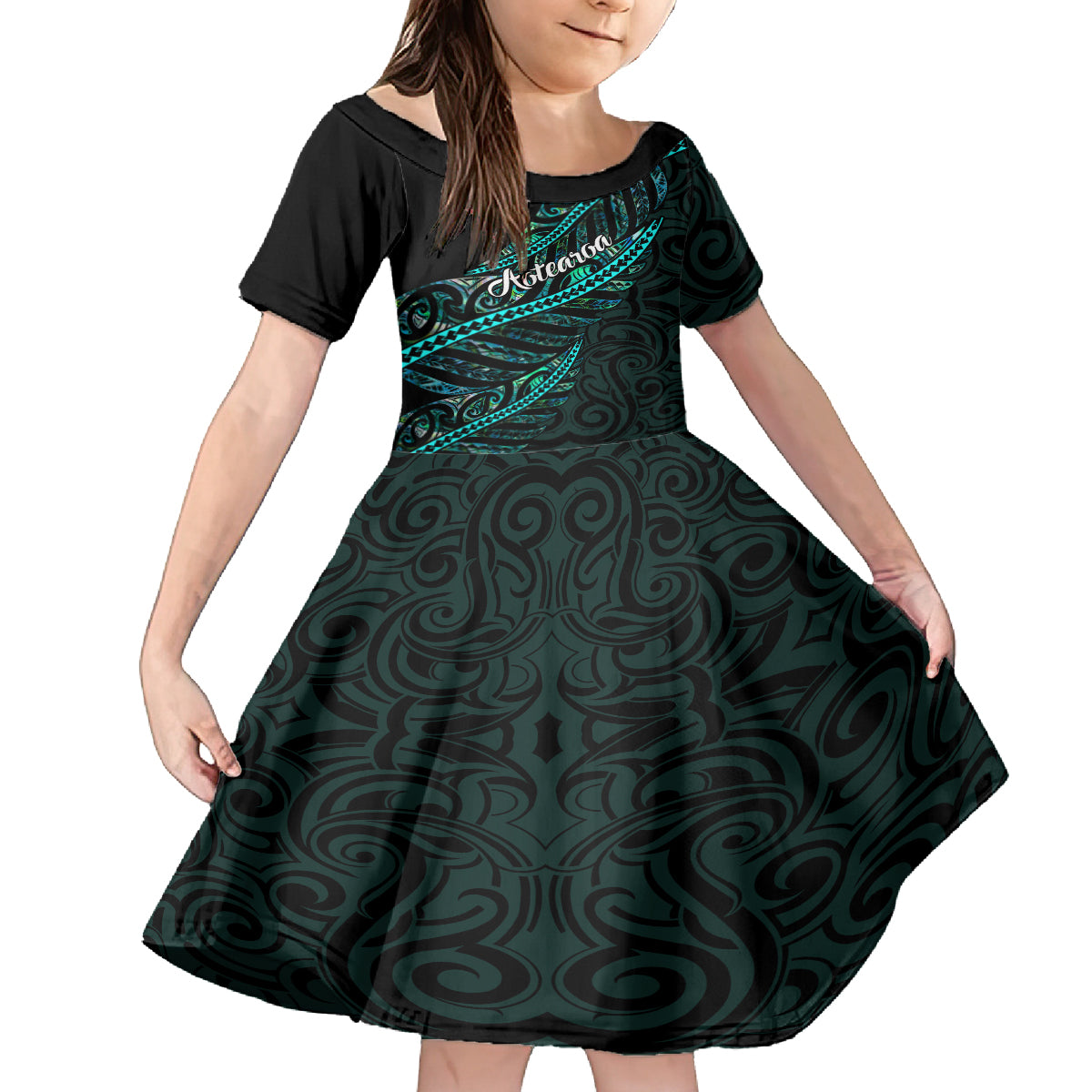 Personalised Aotearoa Kid Short Sleeve Dress Silver Fern Mix Paua Shell Polynesian Pattern LT01 KID Black - Polynesian Pride