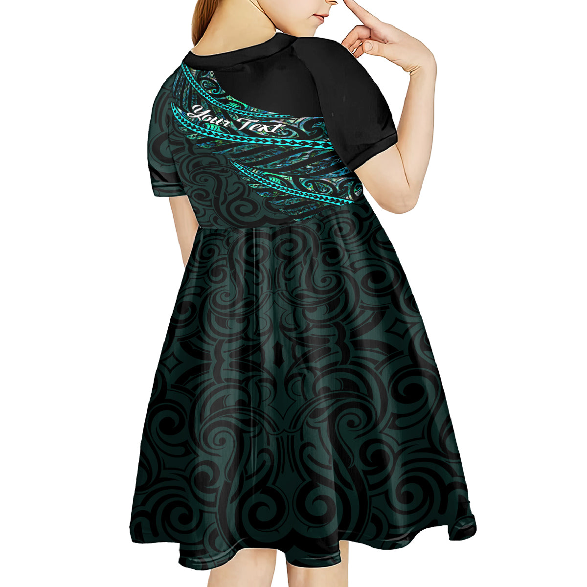Personalised Aotearoa Kid Short Sleeve Dress Silver Fern Mix Paua Shell Polynesian Pattern LT01 - Polynesian Pride