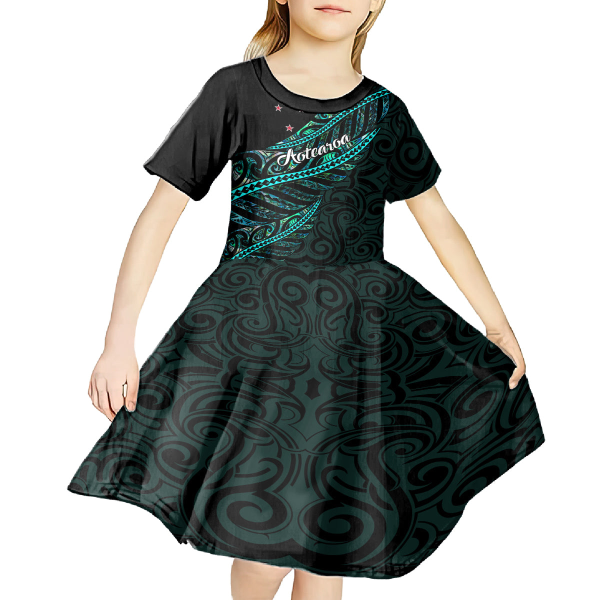 Personalised Aotearoa Kid Short Sleeve Dress Silver Fern Mix Paua Shell Polynesian Pattern LT01 - Polynesian Pride