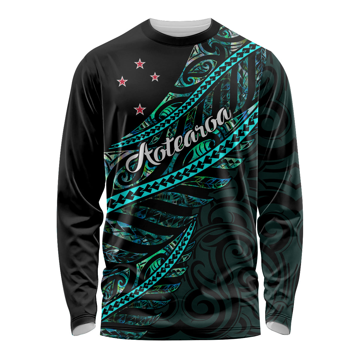 Personalised Aotearoa Long Sleeve Shirt Silver Fern Mix Paua Shell Polynesian Pattern LT01 Unisex Black - Polynesian Pride