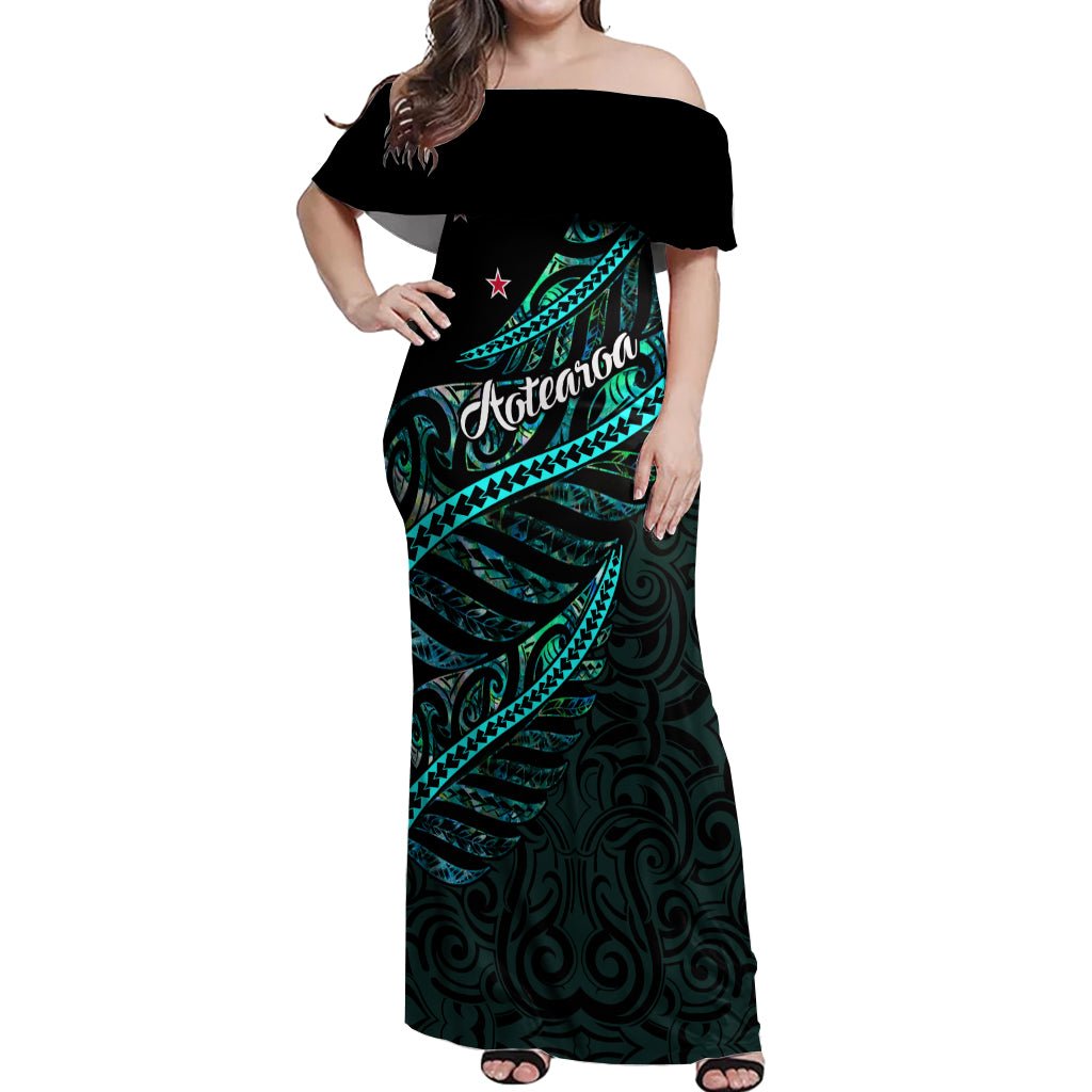 Personalised Aotearoa Off Shoulder Maxi Dress Silver Fern Mix Paua Shell Polynesian Pattern LT01 Women Black - Polynesian Pride