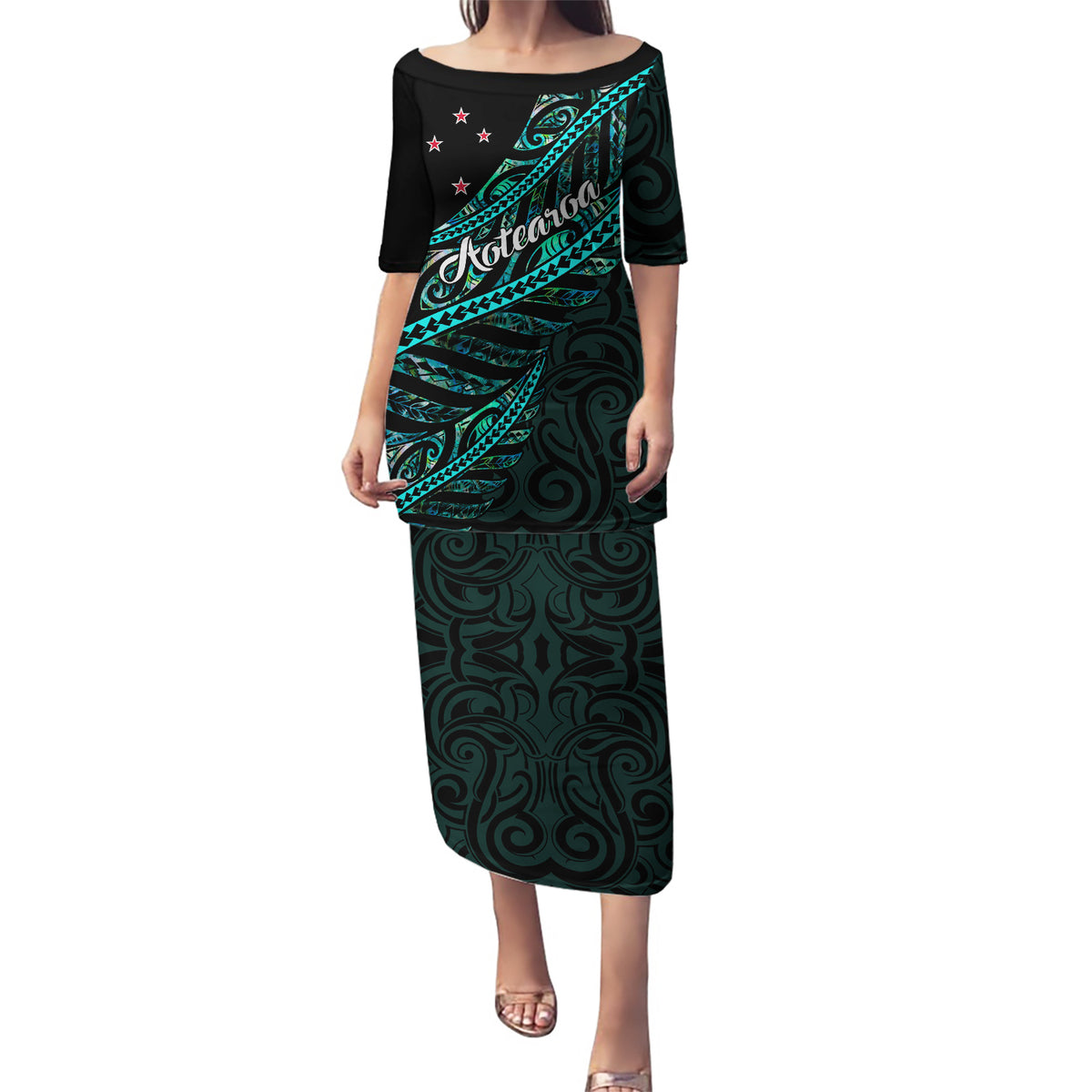 Personalised Aotearoa Puletasi Silver Fern Mix Paua Shell Polynesian Pattern LT01 Long Dress Black - Polynesian Pride
