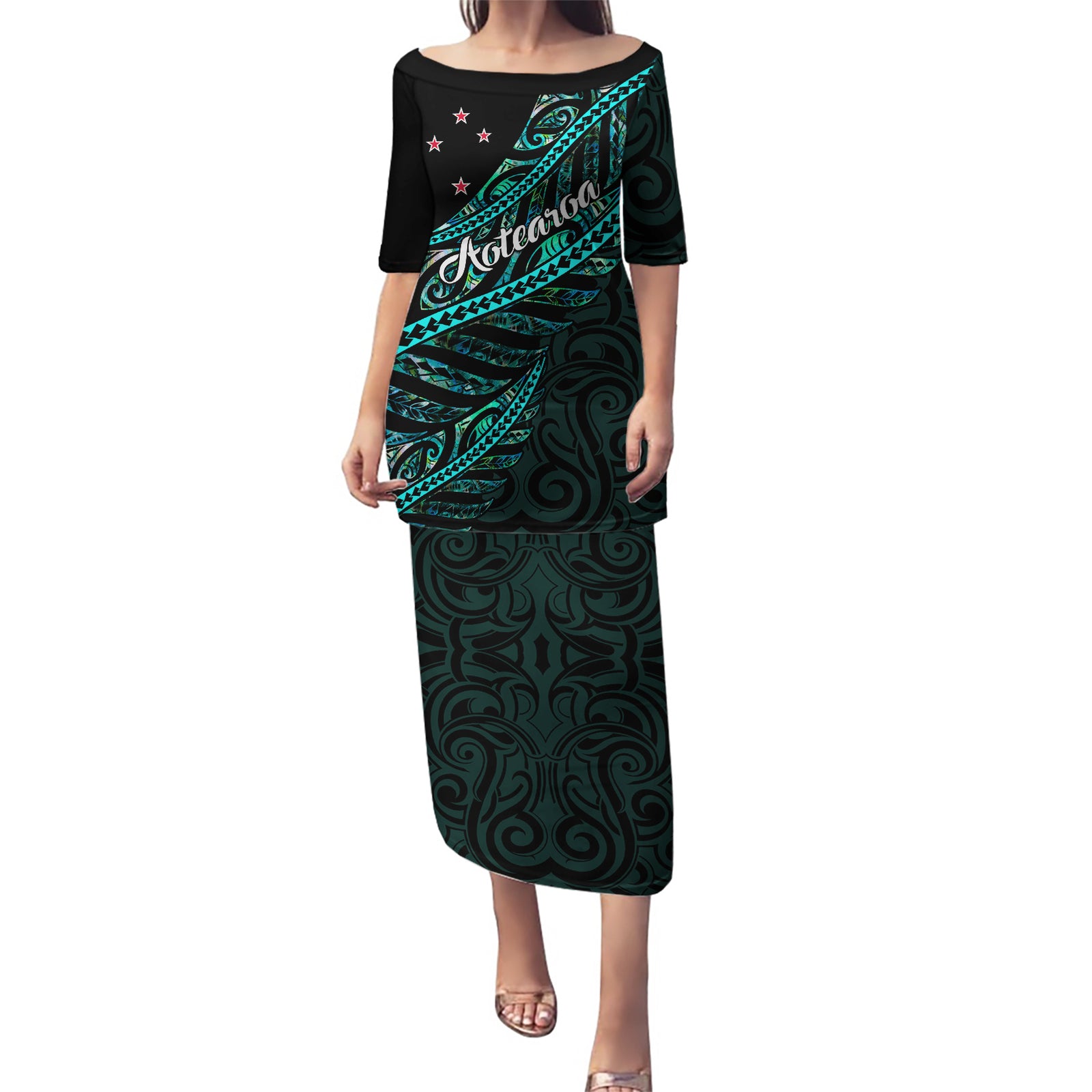 Personalised Aotearoa Puletasi Silver Fern Mix Paua Shell Polynesian Pattern LT01 Long Dress Black - Polynesian Pride