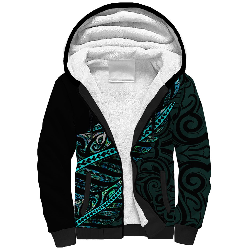 Personalised Aotearoa Sherpa Hoodie Silver Fern Mix Paua Shell Polynesian Pattern LT01 Unisex Black - Polynesian Pride