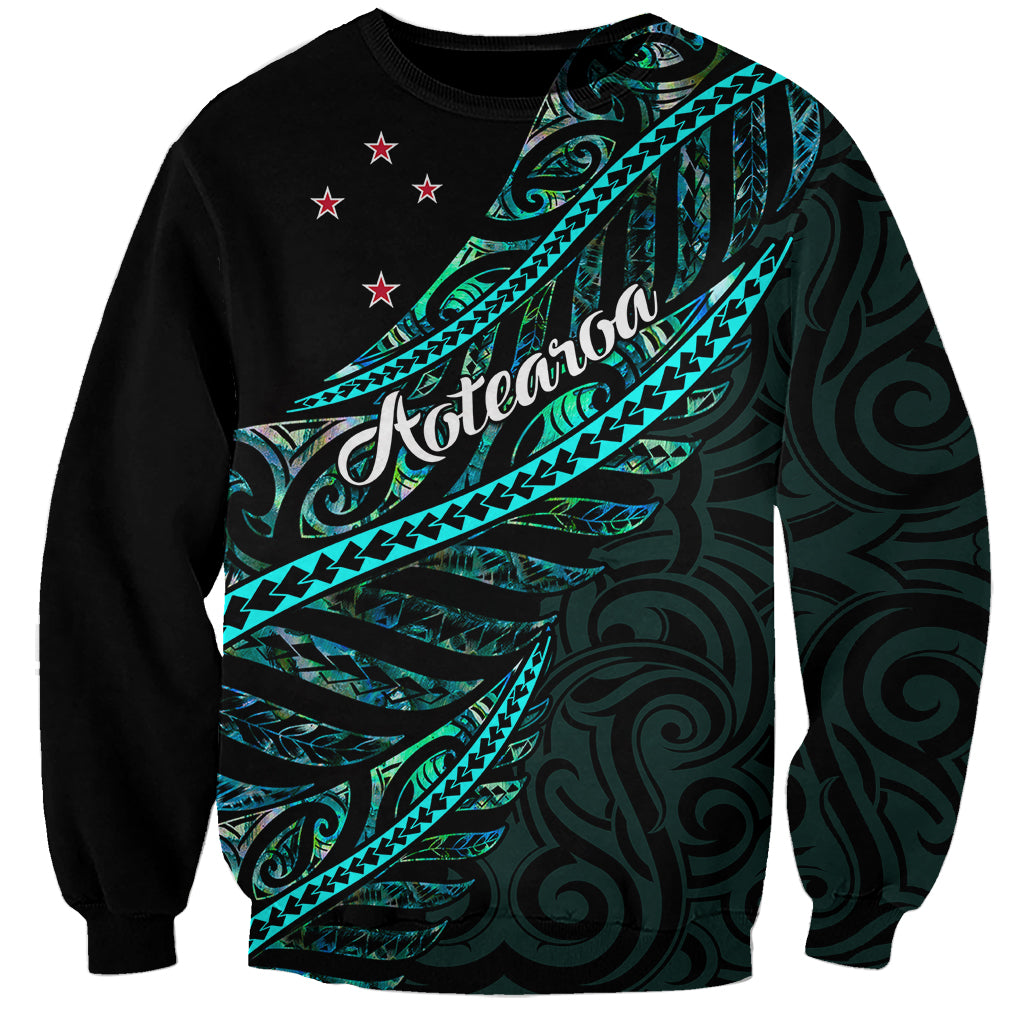 Personalised Aotearoa Sweatshirt Silver Fern Mix Paua Shell Polynesian Pattern LT01 Unisex Black - Polynesian Pride