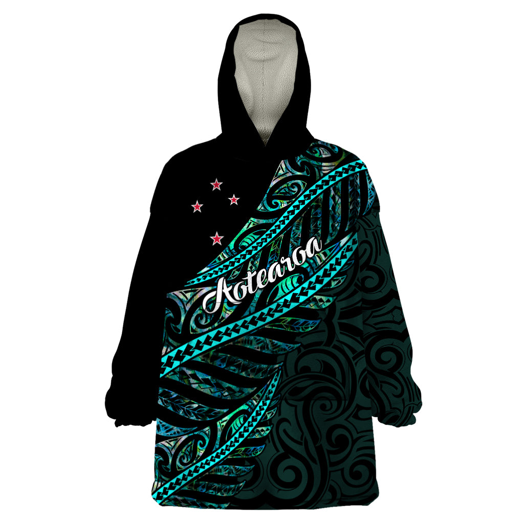 Personalised Aotearoa Wearable Blanket Hoodie Silver Fern Mix Paua Shell Polynesian Pattern LT01 One Size Black - Polynesian Pride