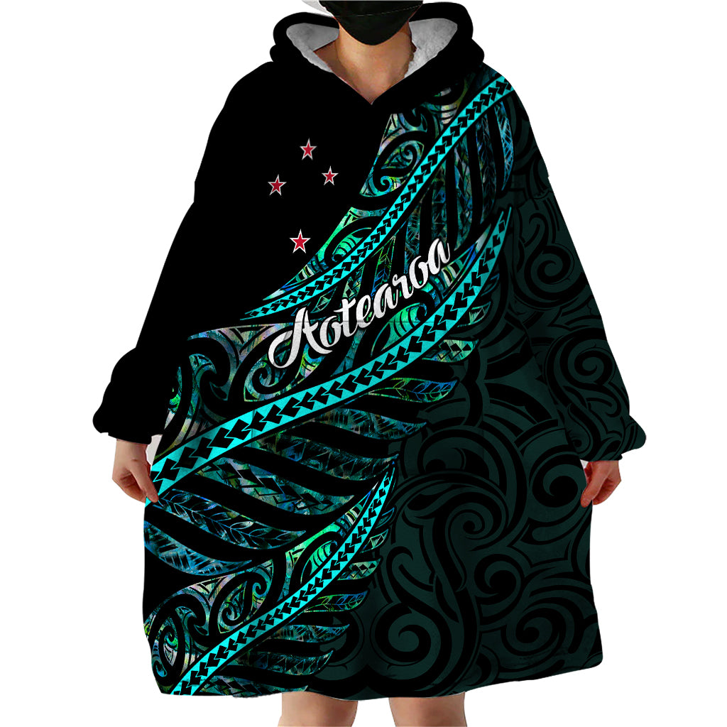 Personalised Aotearoa Wearable Blanket Hoodie Silver Fern Mix Paua Shell Polynesian Pattern LT01 - Polynesian Pride