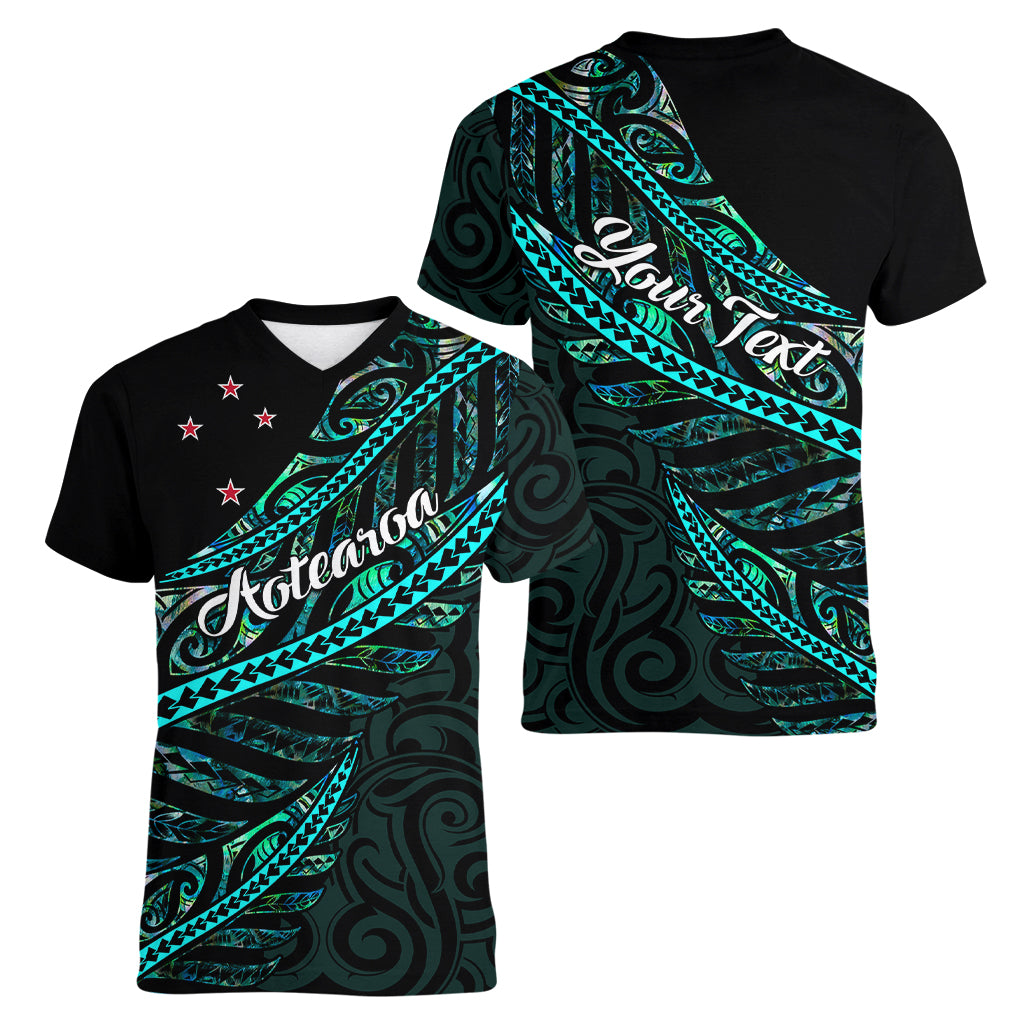 personalised-aotearoa-women-v-neck-t-shirt-silver-fern-mix-paua-shell-polynesian-pattern