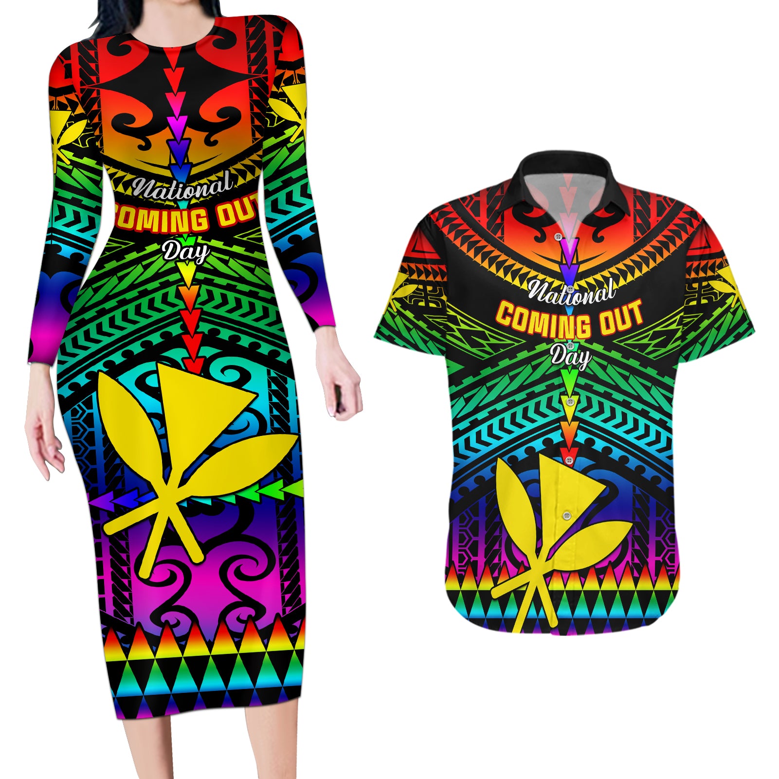 personalised-hawaii-couples-matching-long-sleeve-bodycon-dress-and-hawaiian-shirt-kanaka-maoli-kakau-2023-national-coming-out-day