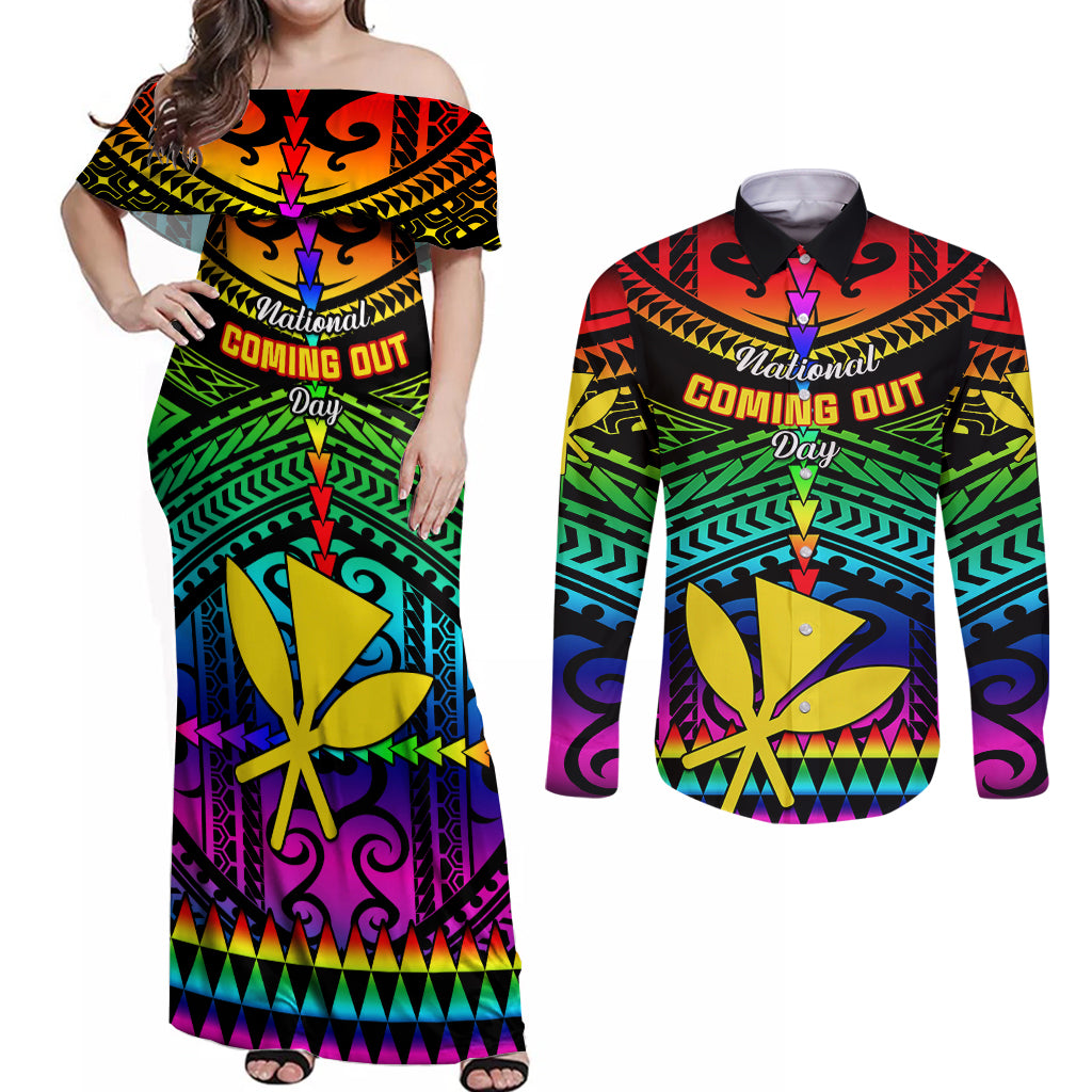 personalised-hawaii-couples-matching-off-shoulder-maxi-dress-and-long-sleeve-button-shirts-kanaka-maoli-kakau-2023-national-coming-out-day