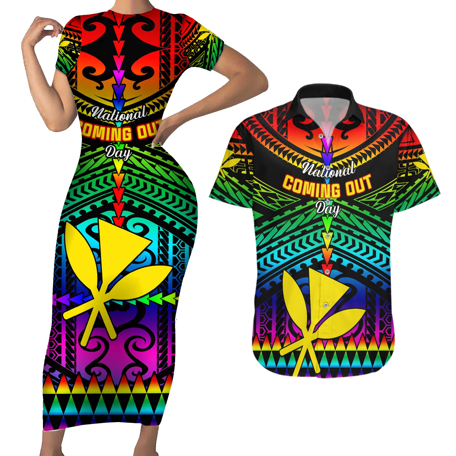 personalised-hawaii-couples-matching-short-sleeve-bodycon-dress-and-hawaiian-shirt-kanaka-maoli-kakau-2023-national-coming-out-day