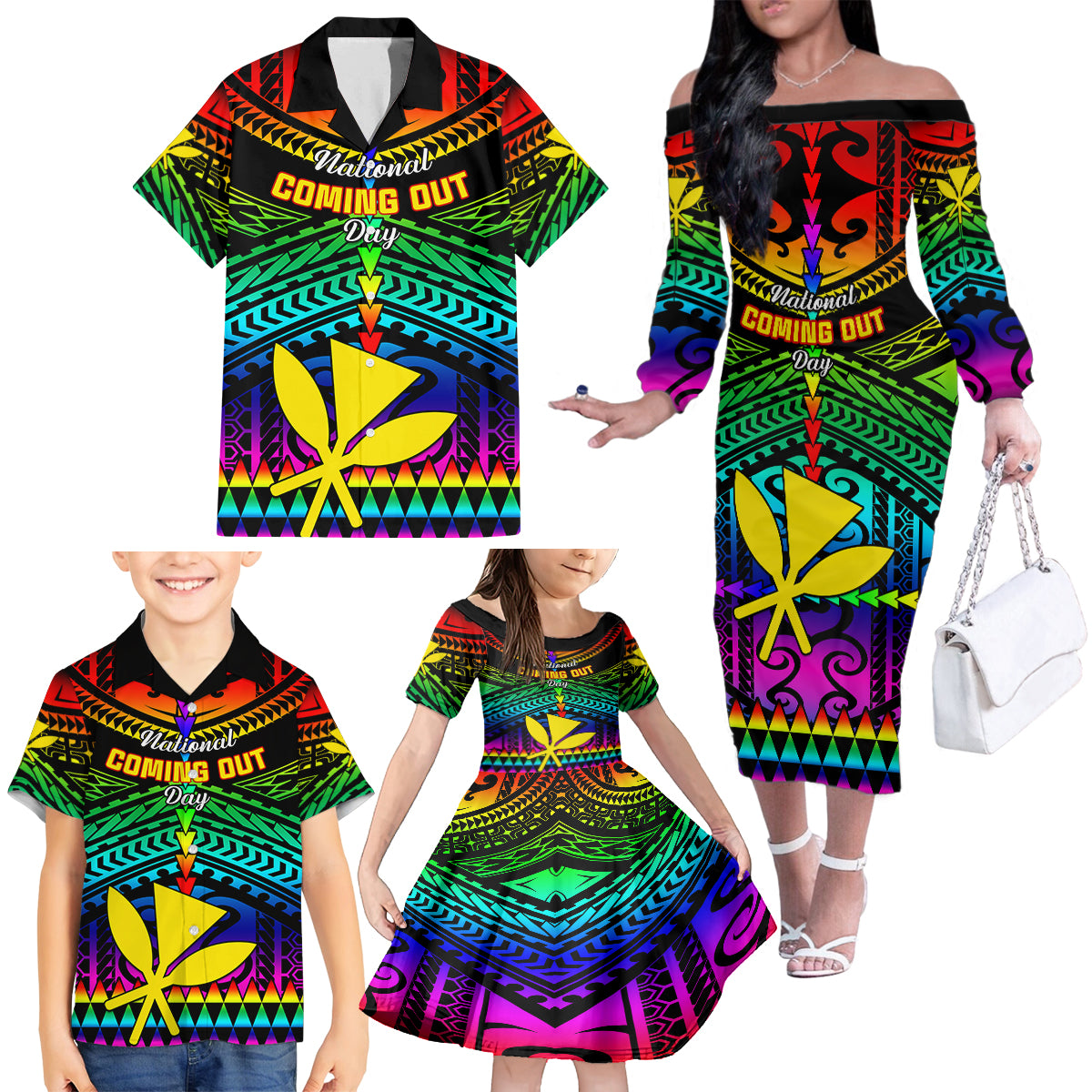 personalised-hawaii-family-matching-off-shoulder-long-sleeve-dress-and-hawaiian-shirt-kanaka-maoli-kakau-2023-national-coming-out-day