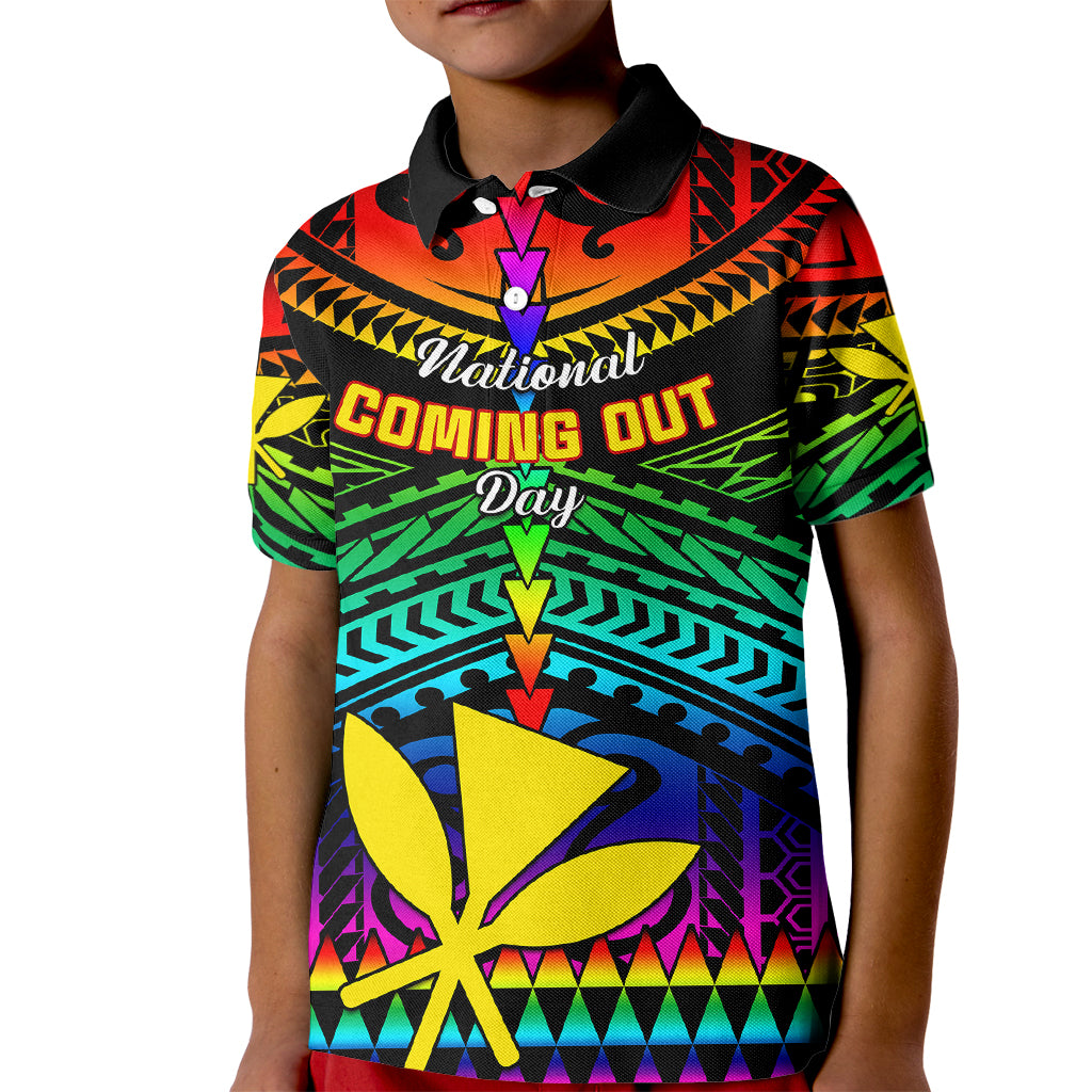 Personalised Hawaii Kid Polo Shirt Kanaka Maoli Kakau 2023 National Coming Out Day LT01 Kid Black - Polynesian Pride