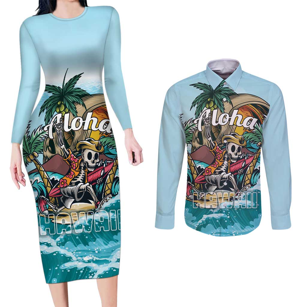 Personalized Aloha Hawaii Skeleton Couples Matching Long Sleeve Bodycon Dress and Long Sleeve Button Shirt Tropical Summer Vibe LT01 Blue - Polynesian Pride