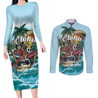 Personalized Aloha Hawaii Skeleton Couples Matching Long Sleeve Bodycon Dress and Long Sleeve Button Shirt Tropical Summer Vibe LT01 Blue - Polynesian Pride