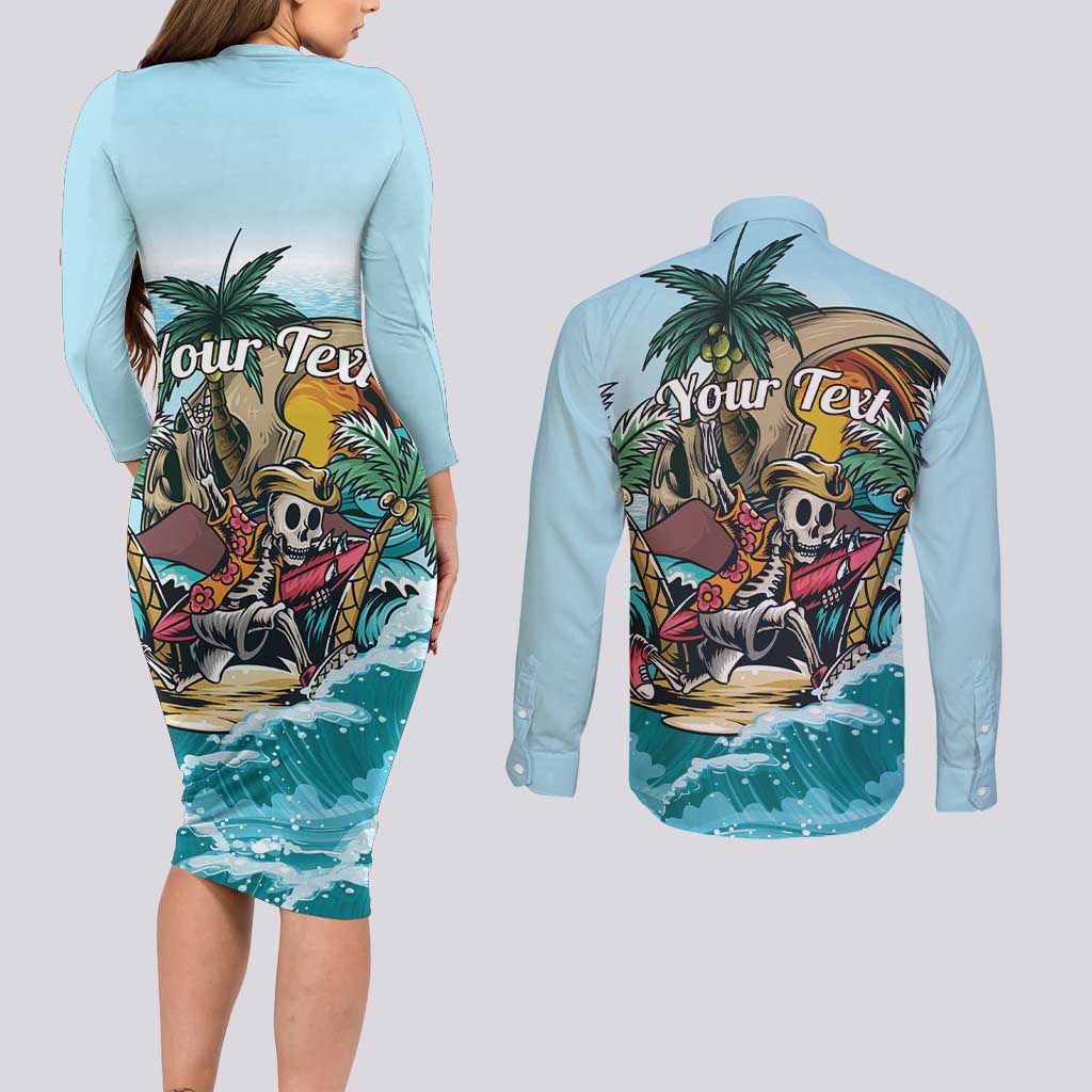Personalized Aloha Hawaii Skeleton Couples Matching Long Sleeve Bodycon Dress and Long Sleeve Button Shirt Tropical Summer Vibe LT01 - Polynesian Pride