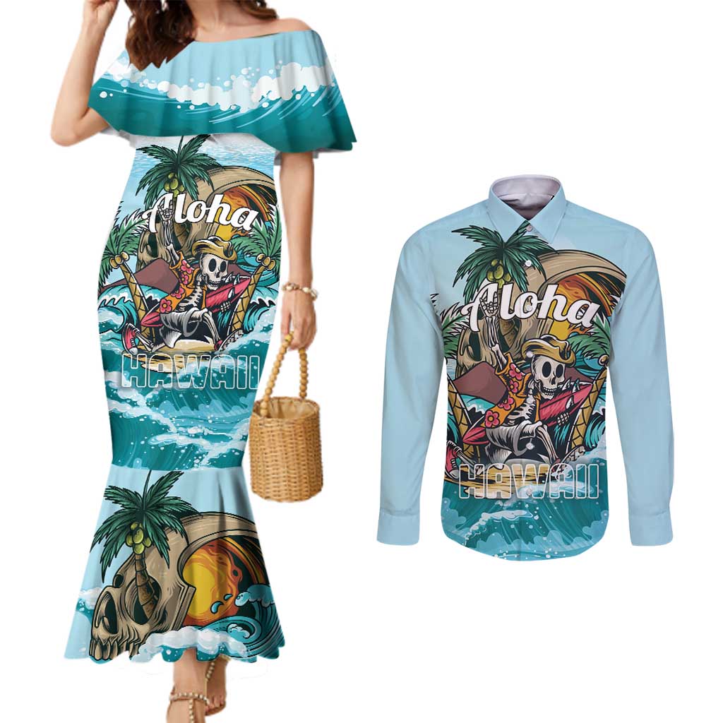 Personalized Aloha Hawaii Skeleton Couples Matching Mermaid Dress and Long Sleeve Button Shirt Tropical Summer Vibe